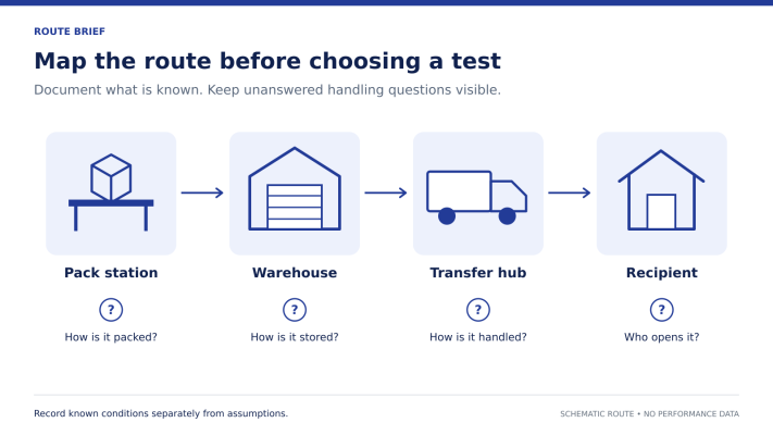 A packaging route map showing the stages to document before choosing a test.