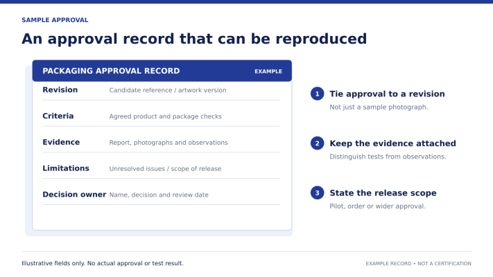 An example packaging approval record with revision and evidence fields.
